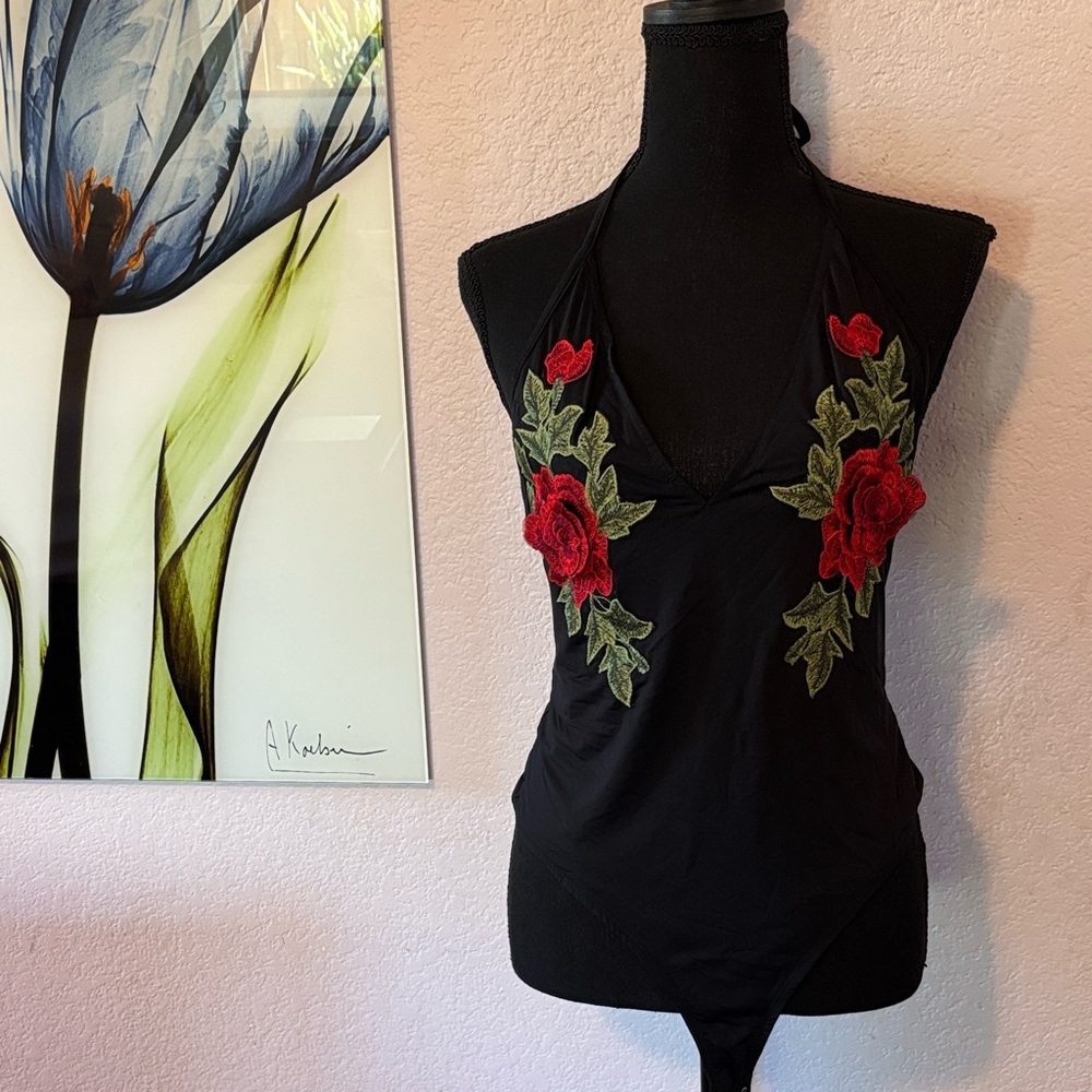 Black W/Red Roses Bod suit